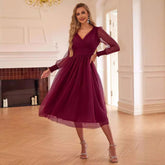 Fairy Deep V Plunge Mesh Bubble Long Sleeve Dress Slimming Waist Dress